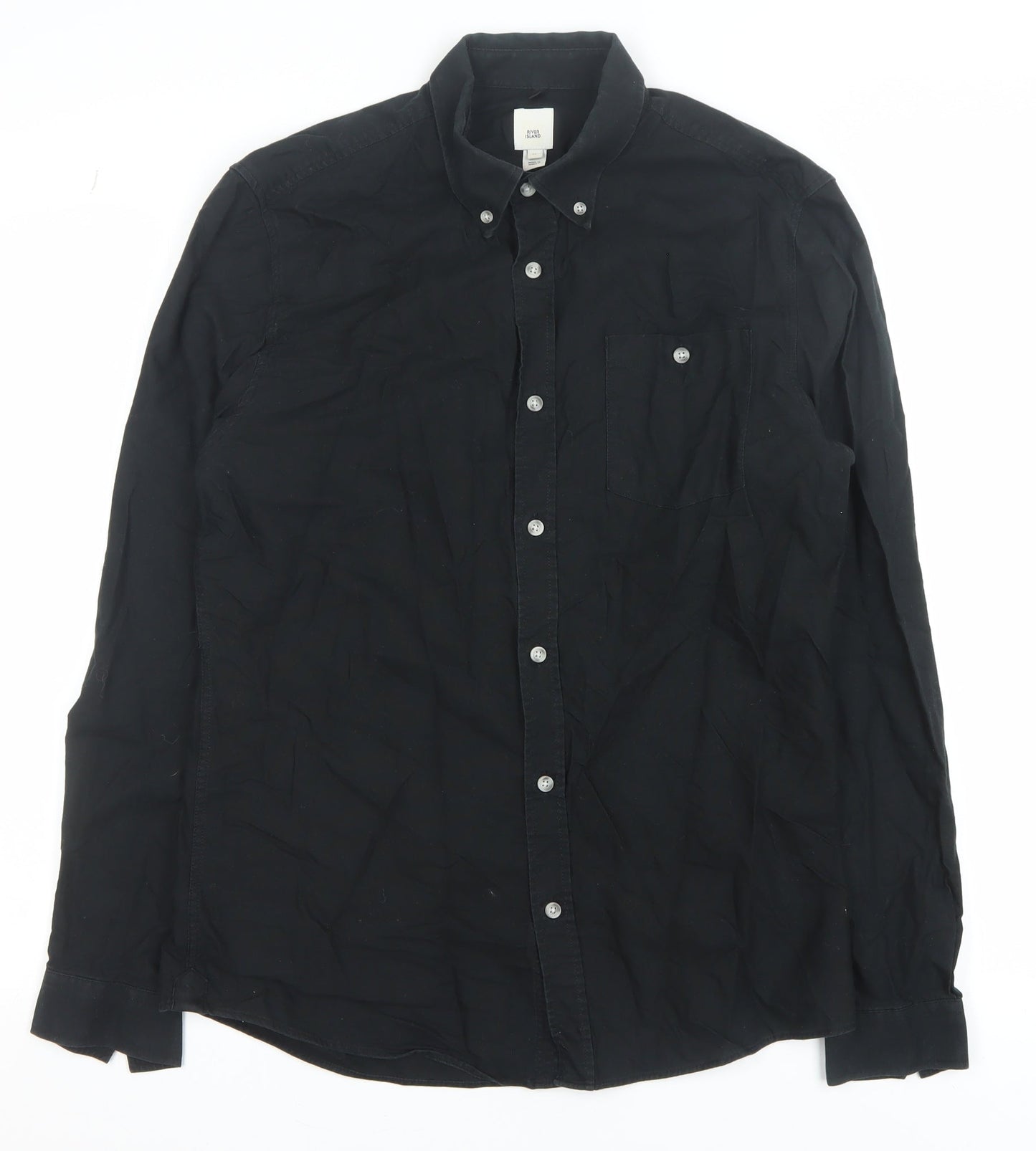 River Island Men's Black Cotton Button-Up Long Sleeve Shirt Size M
