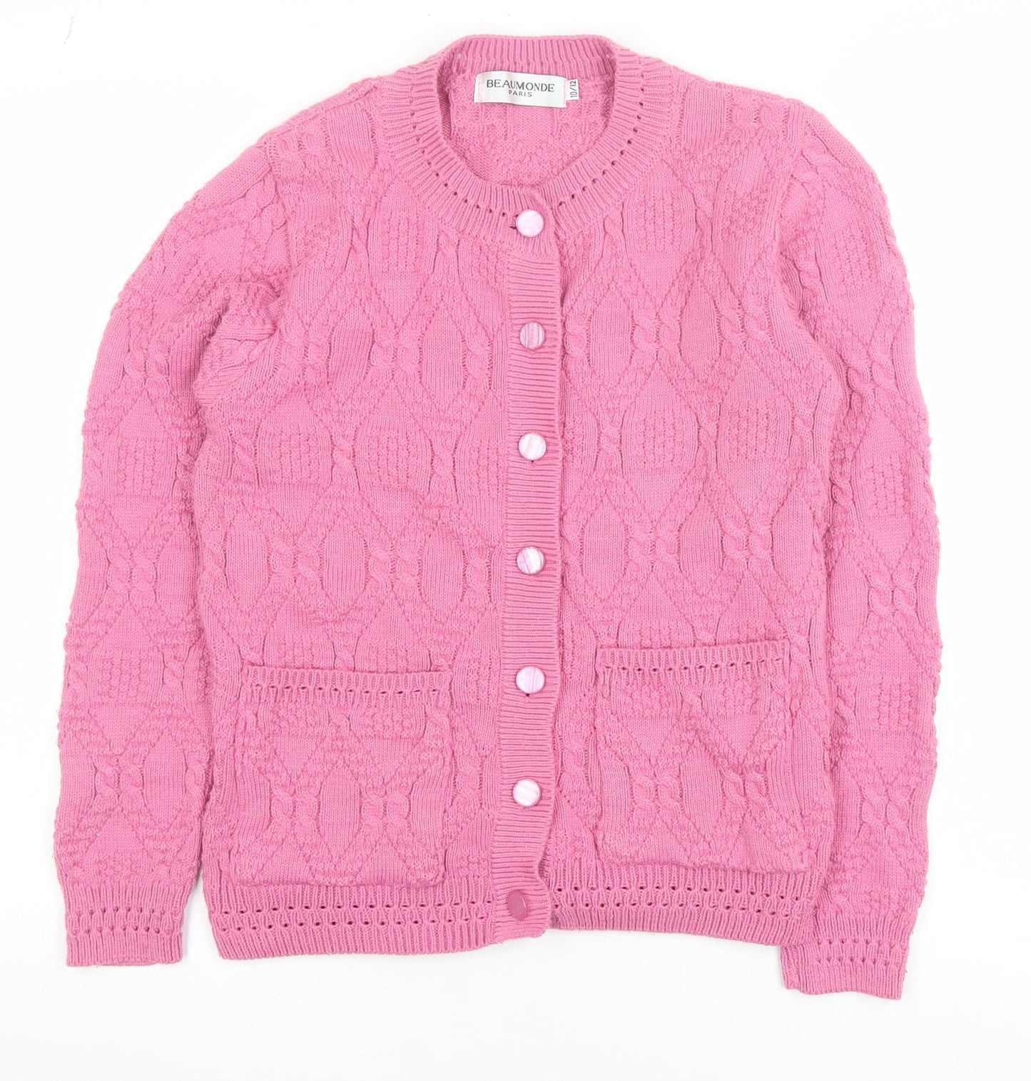 Beaumonde Girls Pink Cable Knit Button Cardigan 10-12 Years Polyester Blend