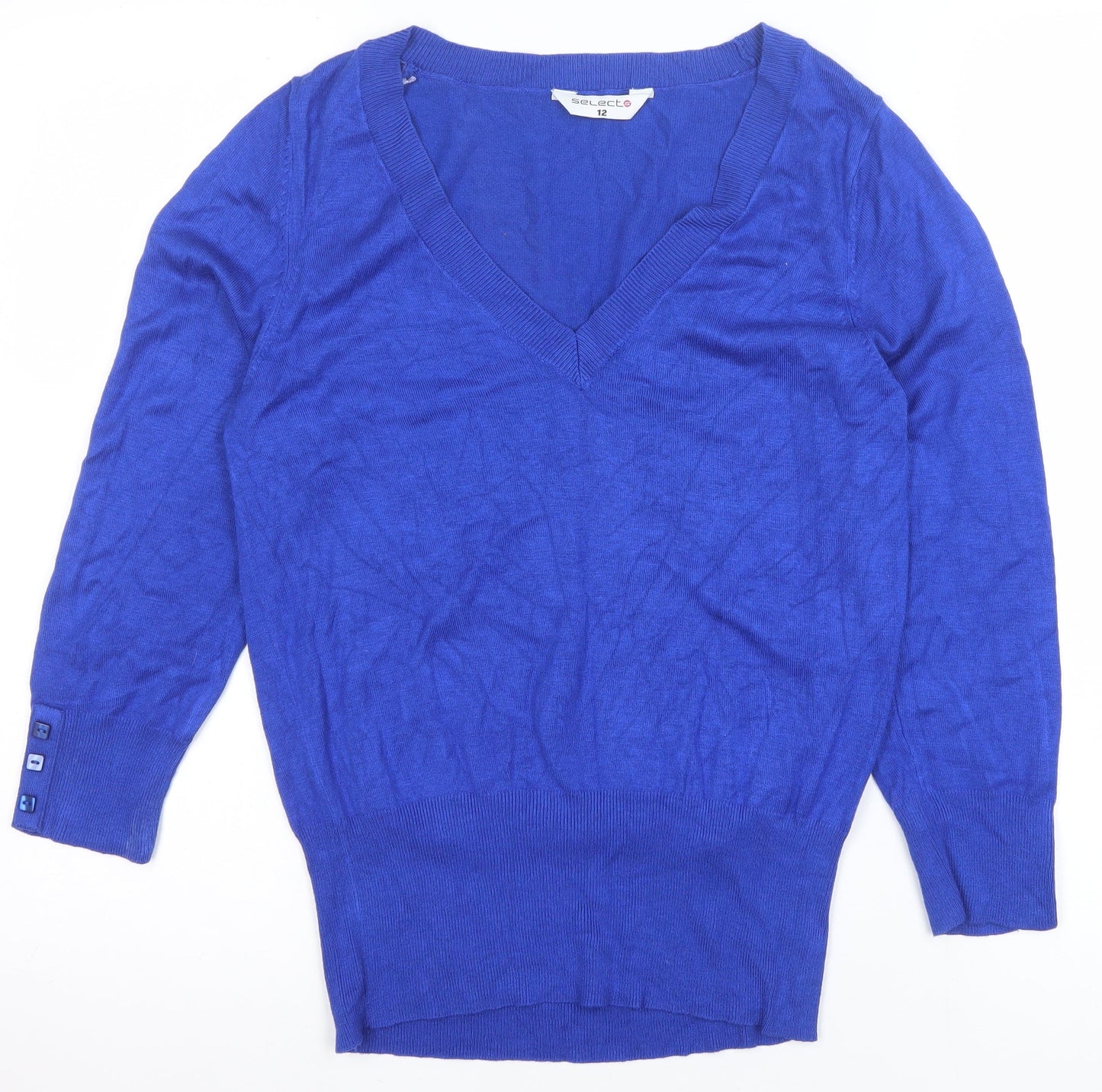 Select Women's Blue V-Neck 3/4 Sleeve Pullover Jumper Size 12