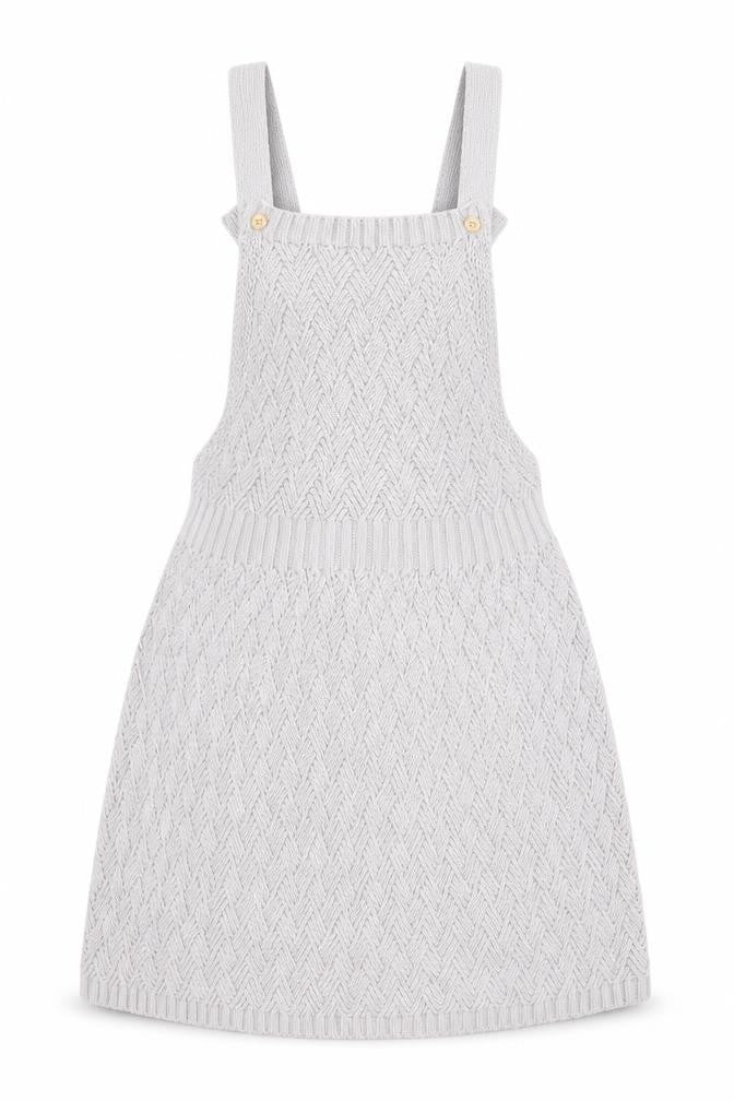 Front view of H&M girls’ ivory knit cotton pinafore dress 24 months button straps