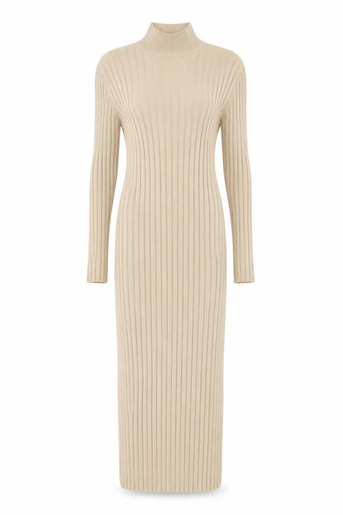 PrettyLittleThing Women Beige Ribbed Knit Bodycon Midi Dress L
