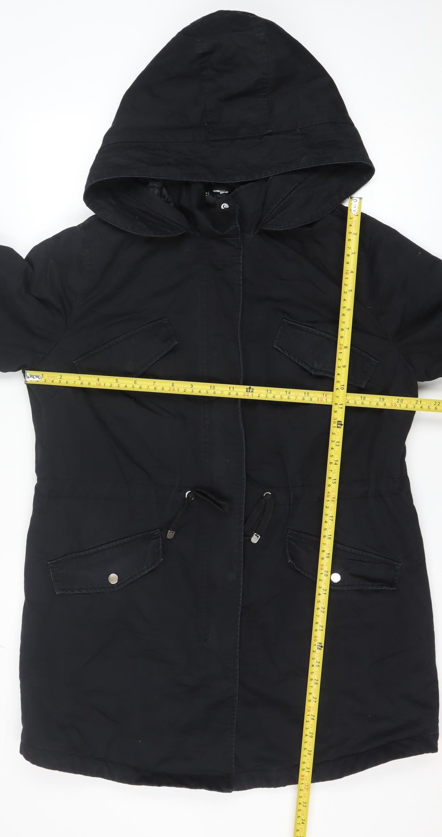 H&M Women Black Cotton Parka Coat Hooded Long M