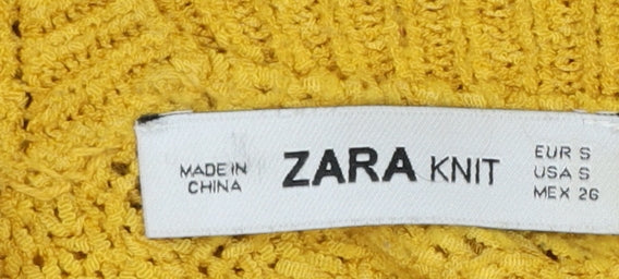 ZARA Women Yellow Chunky-Knit Wool Blend V-Neck Jumper Size S