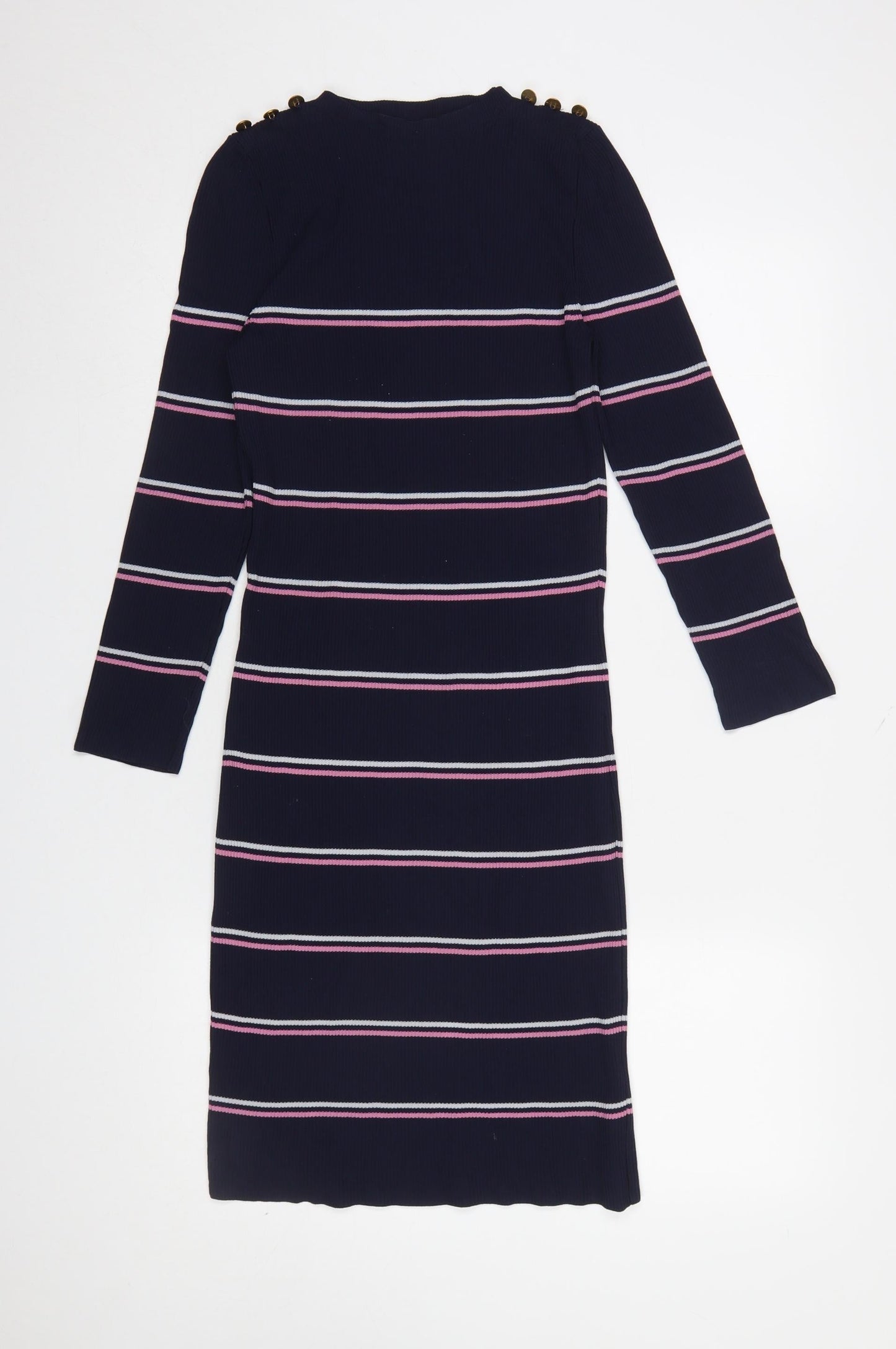 Next Women Blue Striped Bodycon Knit Long Sleeve Dress Size 8