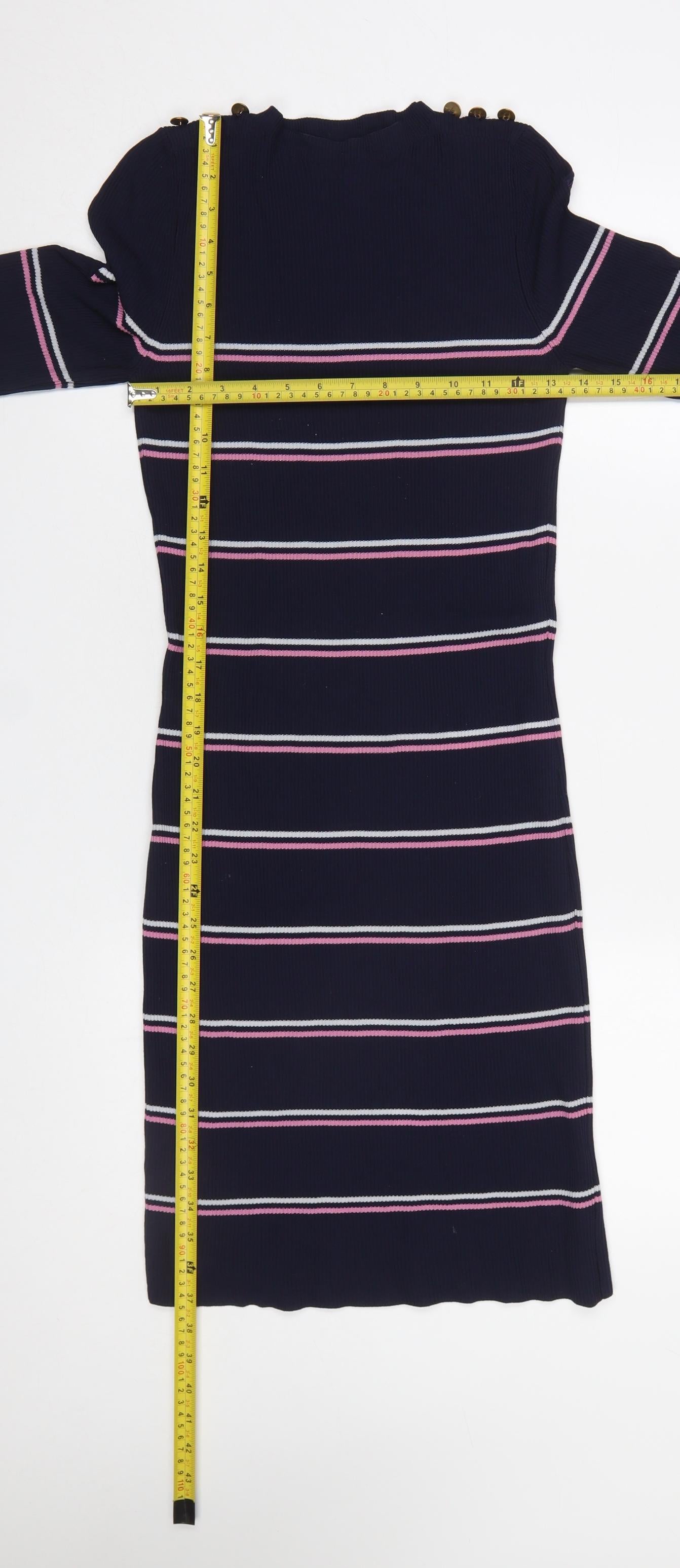 Next Women Blue Striped Bodycon Knit Long Sleeve Dress Size 8