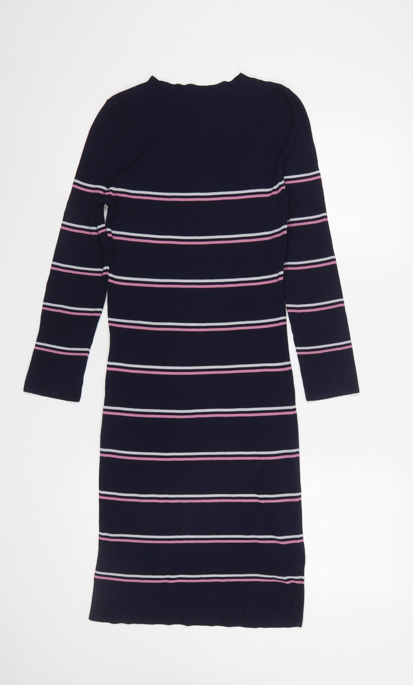 Next Women Blue Striped Bodycon Knit Long Sleeve Dress Size 8