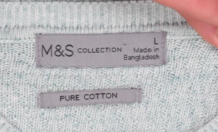 Marks and Spencer Men's Green Cotton Crew Neck Jumper L