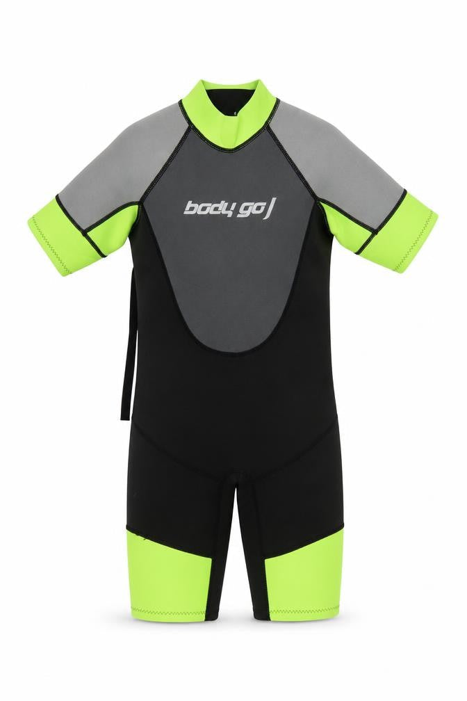 Front view of Body Go boys’ black neon green short sleeve wetsuit 10 years surf swimwear