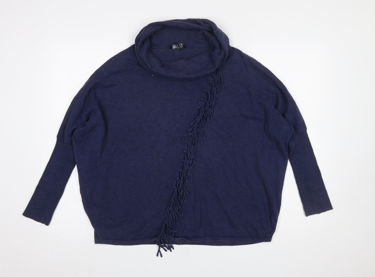 Marble Women Blue Cotton Cowl Neck Fringe Pullover Jumper Size 14