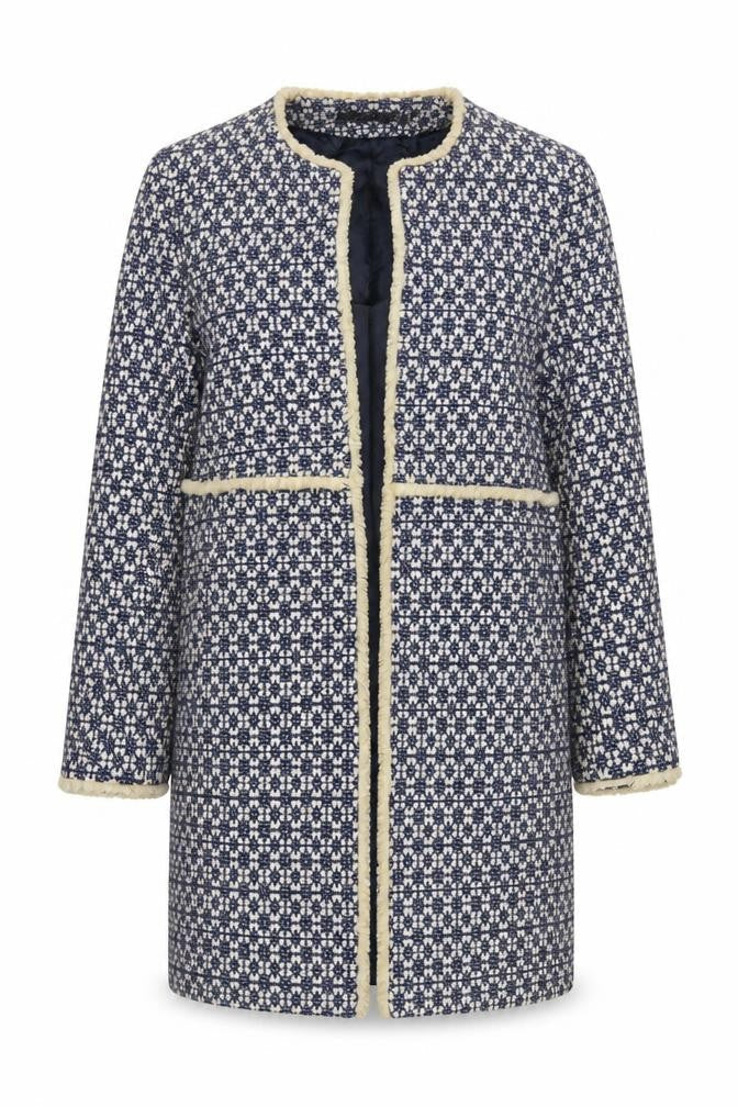 Zara Women Blue Tweed Mid-Length Coat Size 12 Fringe Detail