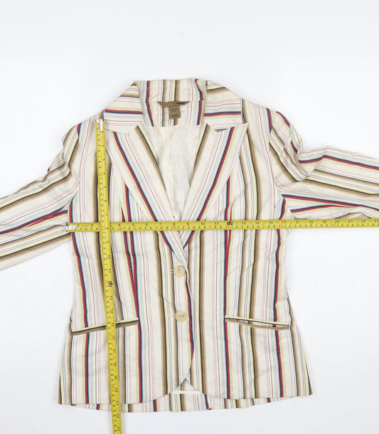 H&M Women Beige Multicoloured Striped Blazer UK 10 Two-Button Cotton Blend
