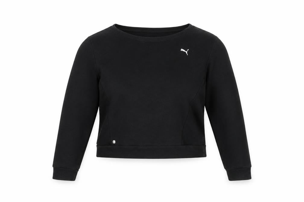 Front view of Puma Women's Black Crew Neck Long Sleeve Pullover Sweatshirt, size 14
