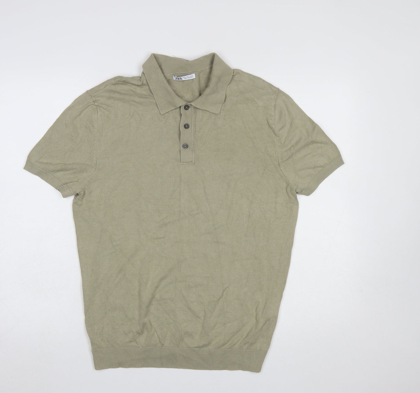 Zara Men Beige Cotton Linen Short Sleeve Polo Shirt Size L