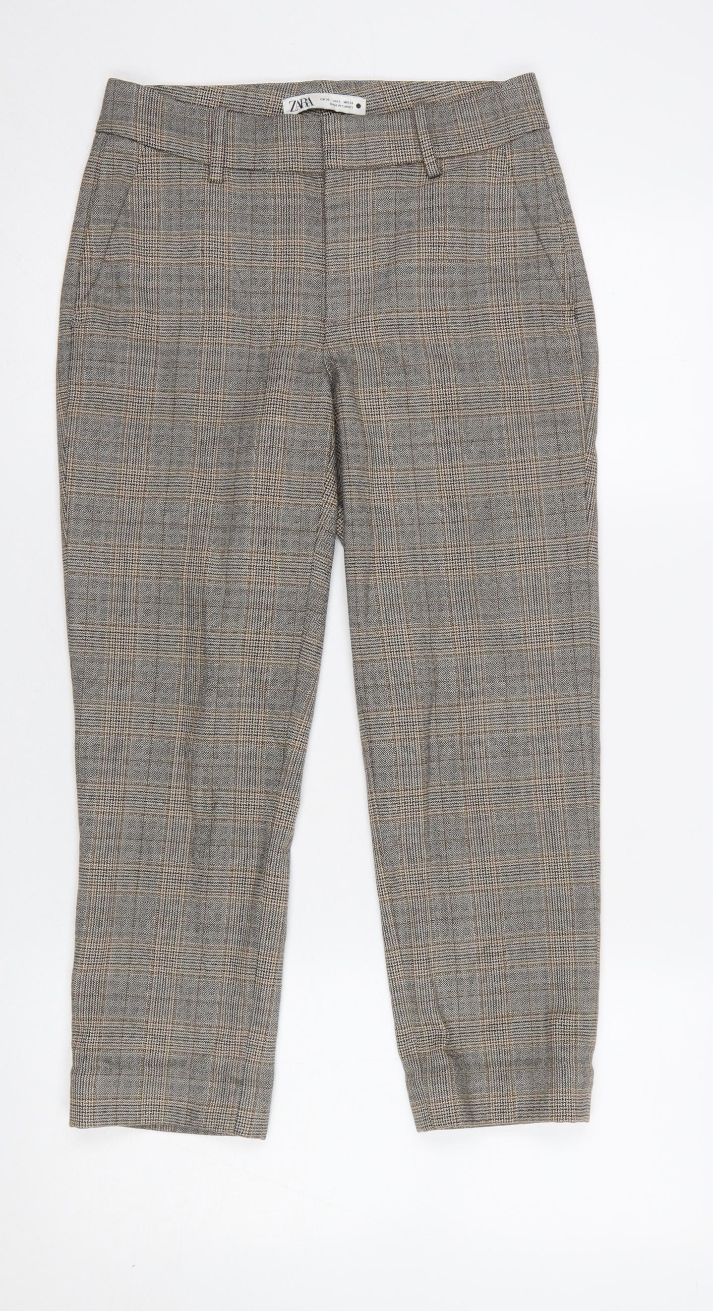 Zara Women Brown Check Cropped Slim Fit Trousers Size 6