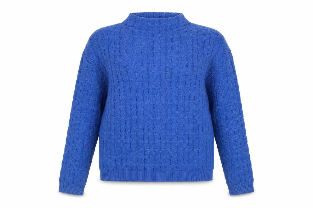 MNG Women’s Blue Cable Knit Mock Neck Cotton Blend Jumper Size 12