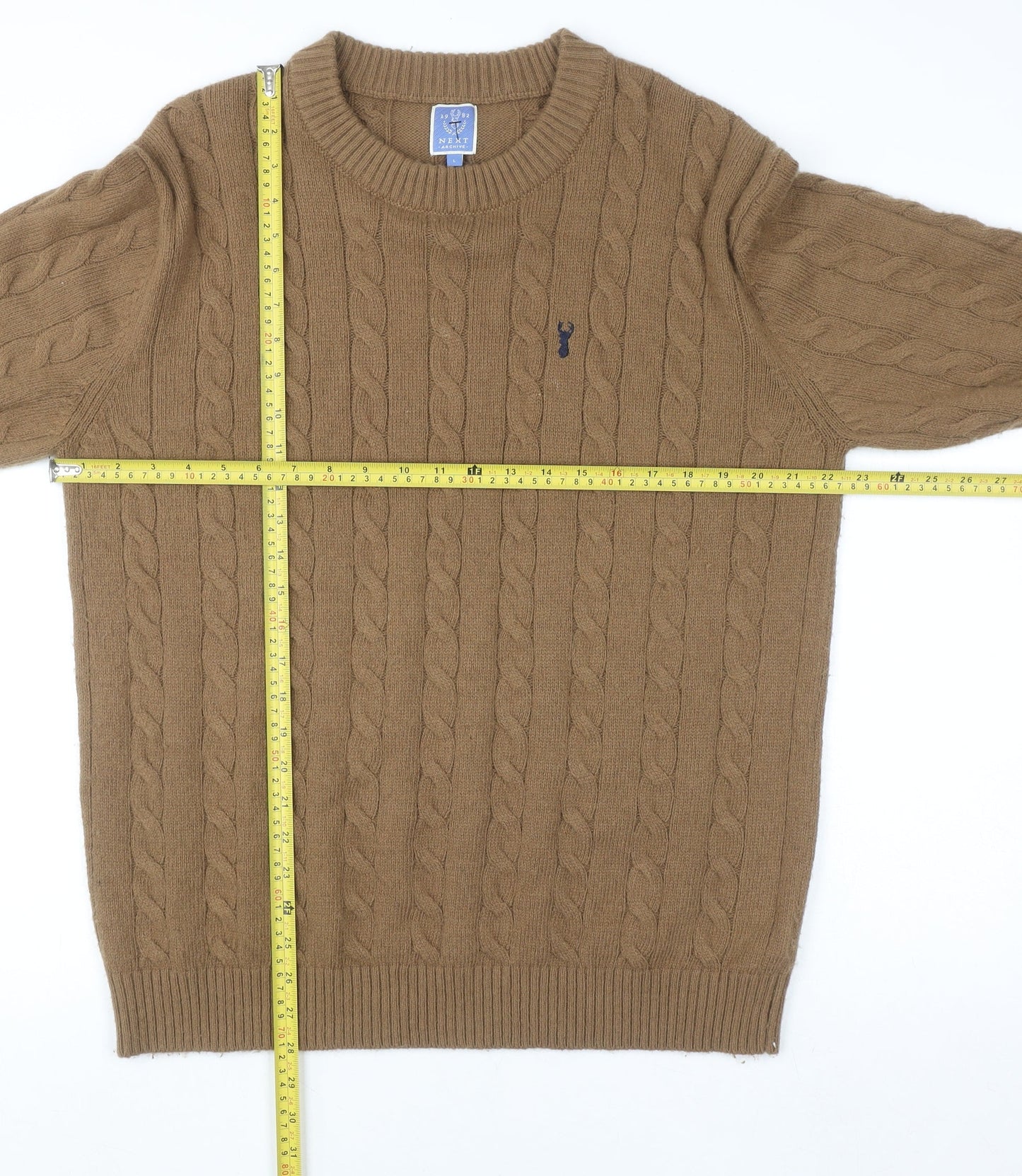 Next Men Brown Cable-Knit Crew Neck Jumper L Wool Blend Pullover