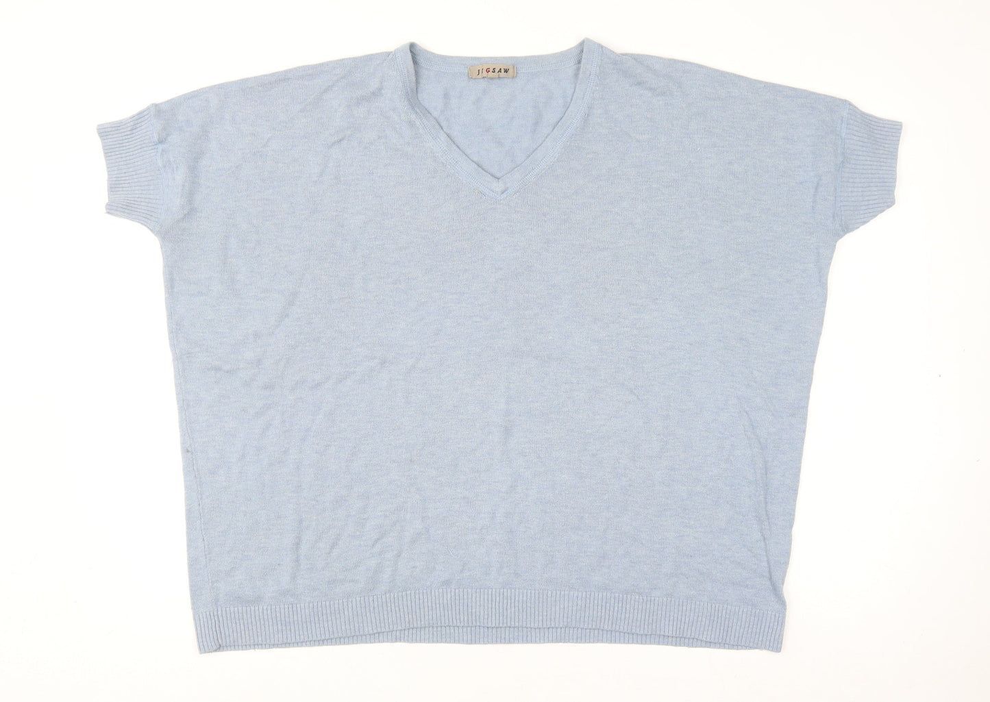 Jigsaw Women's Blue Knit V-Neck Short Sleeve Wool Blend Top M
