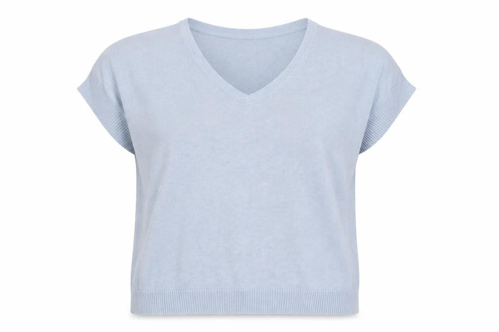 Jigsaw Women's Blue Knit V-Neck Short Sleeve Wool Blend Top M