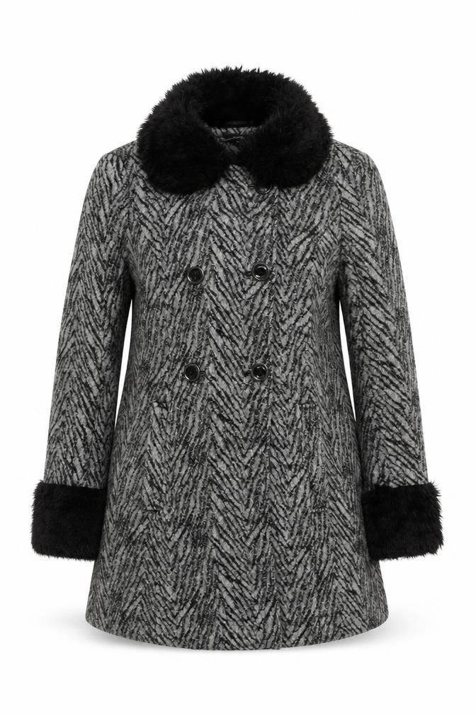 Therapy Women’s Grey Faux Fur Trim Herringbone Pea Coat Size 10