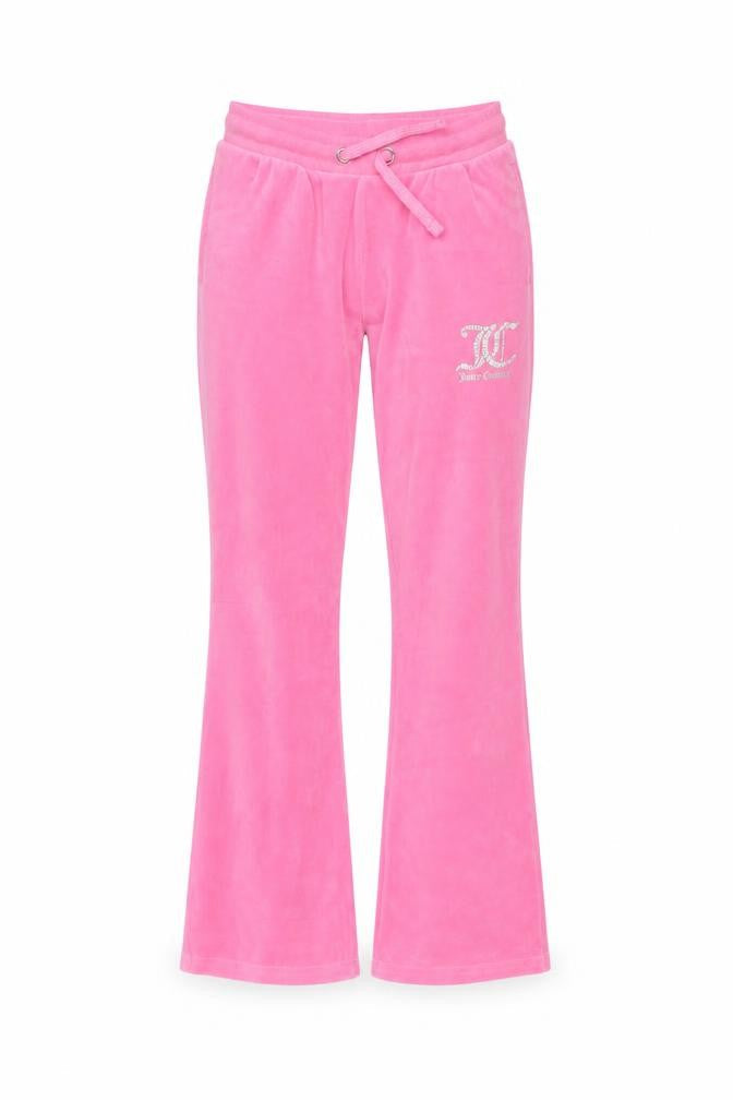 Front view of Juicy Couture girls’ pink velour sweatpants, size 8-9, years drawstring waist