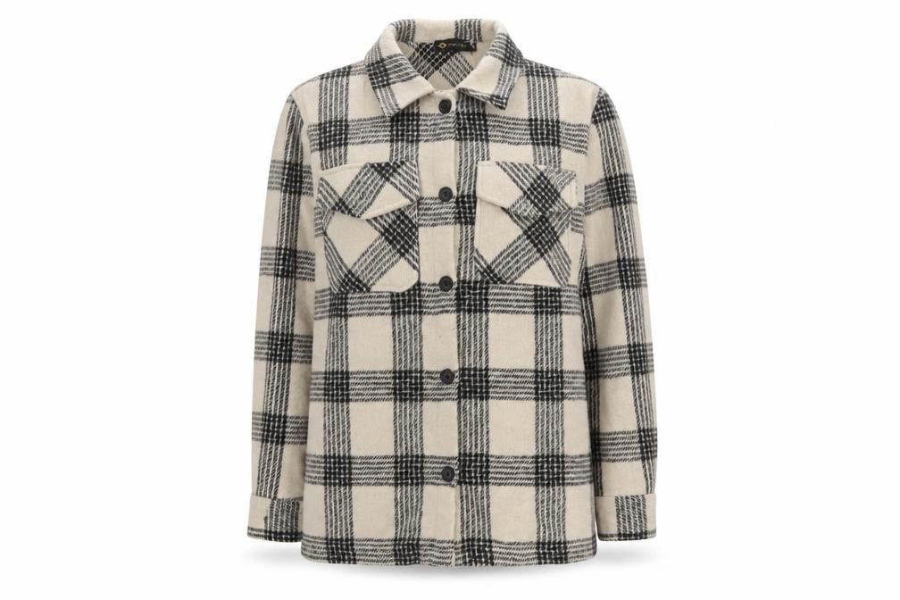 Front view of I Saw It First Women’s Beige Check Shacket Jacket, size UK 8