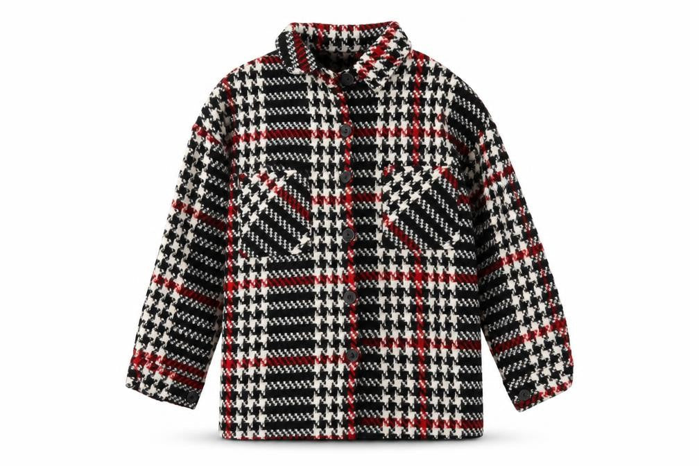 White Icy Women's Black Red Check Tweed Shacket Size S