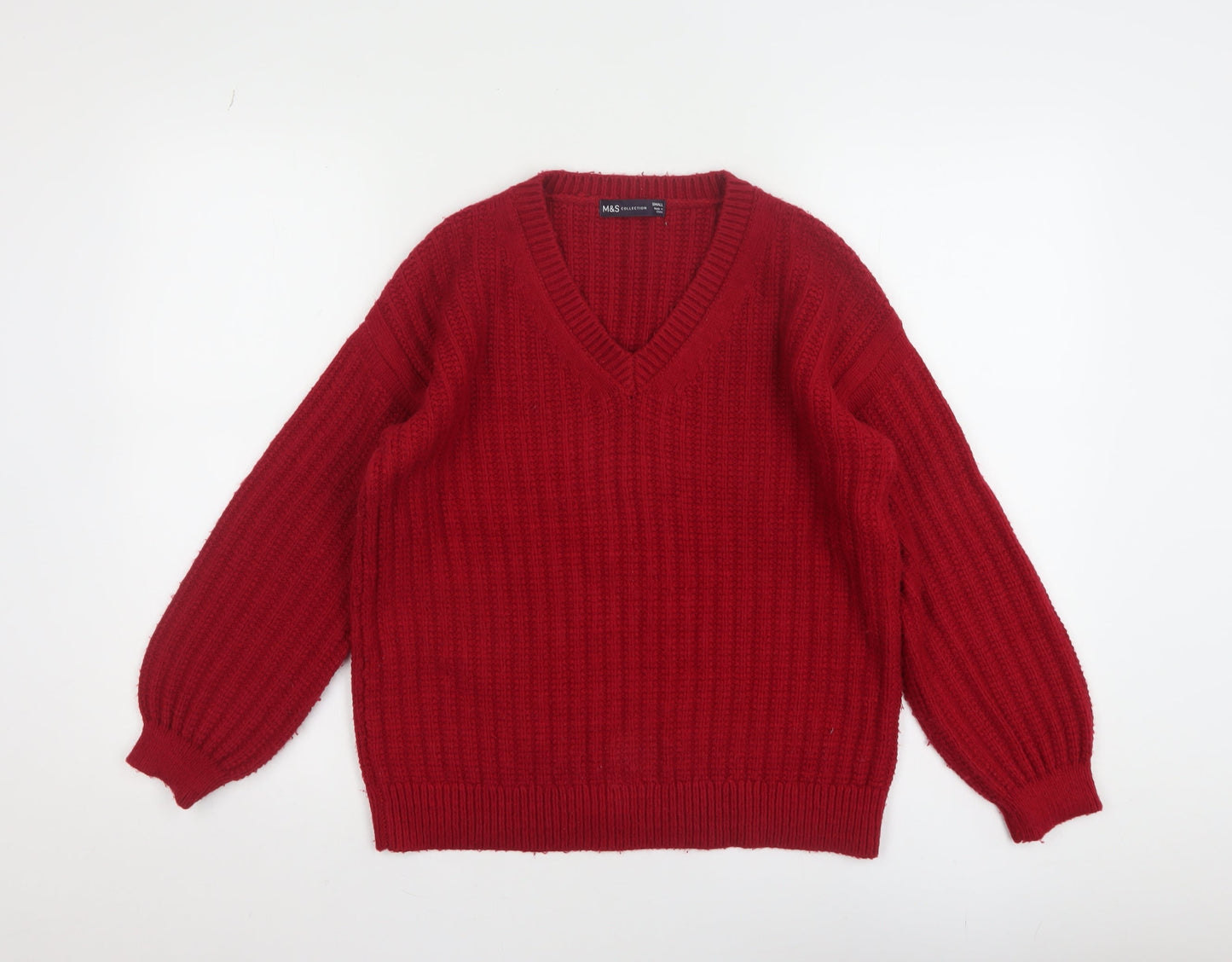 Marks and Spencer Women Red Chunky-Knit V-Neck Pullover Jumper Size S