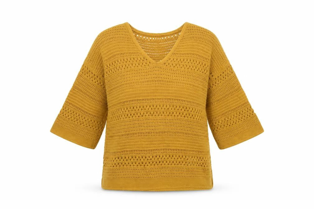 Papaya Women’s Yellow Open Knit Cotton Jumper V-Neck 3/4 Sleeve Medium