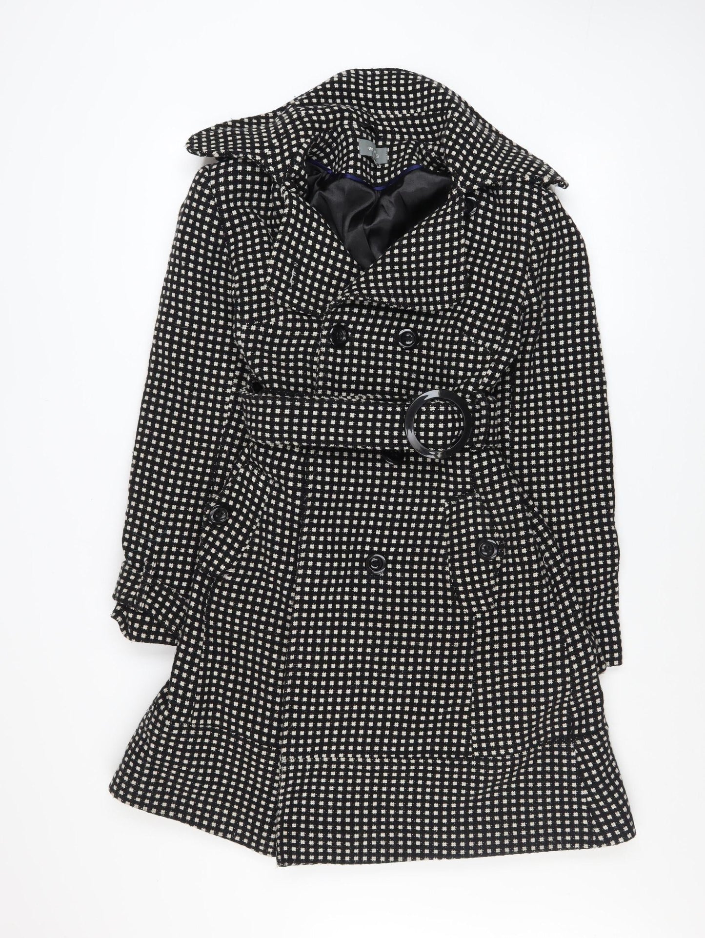 Et Vous Women's Black Check Trench Coat Size 12 Belted Wool Blend