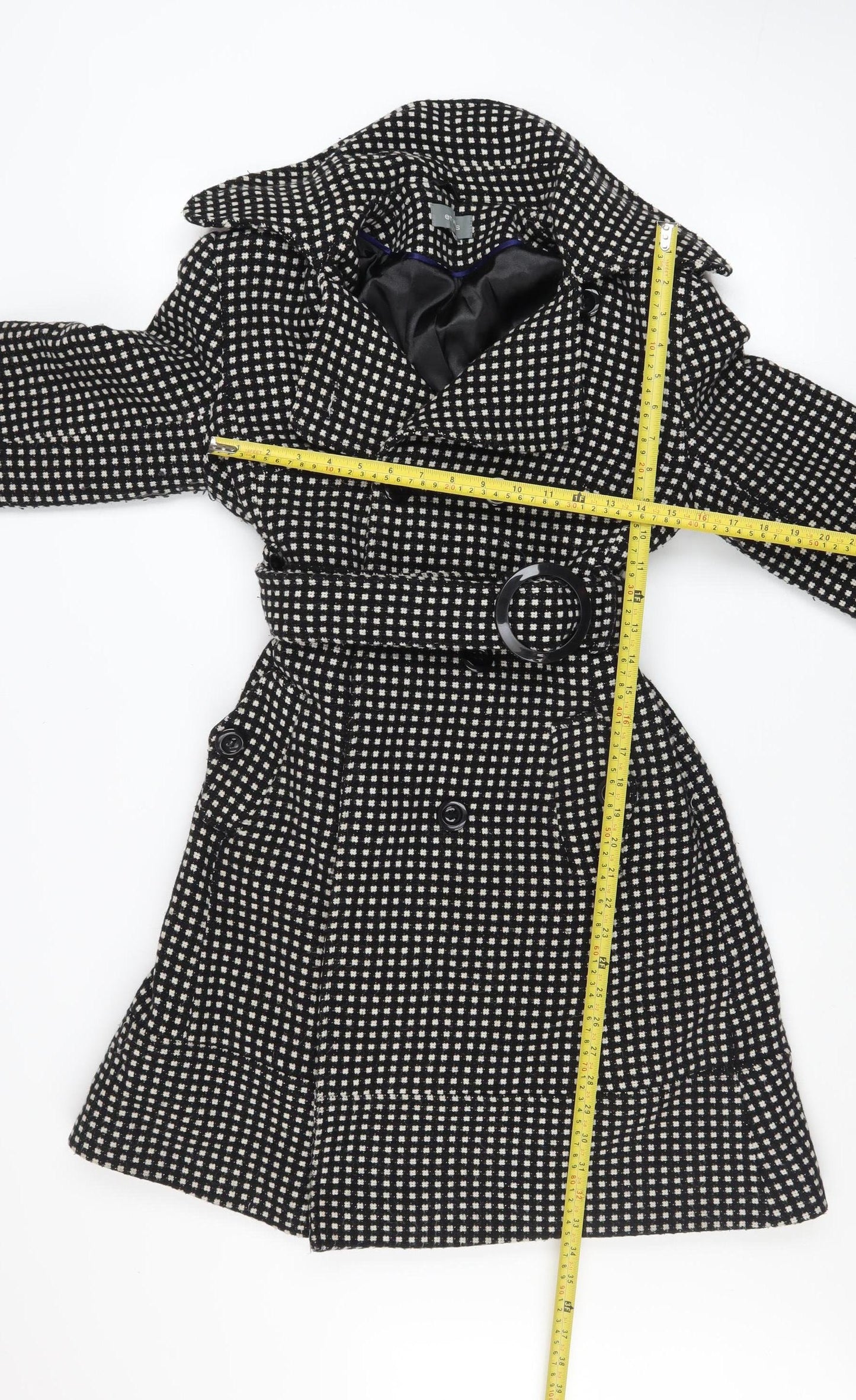 Et Vous Women's Black Check Trench Coat Size 12 Belted Wool Blend