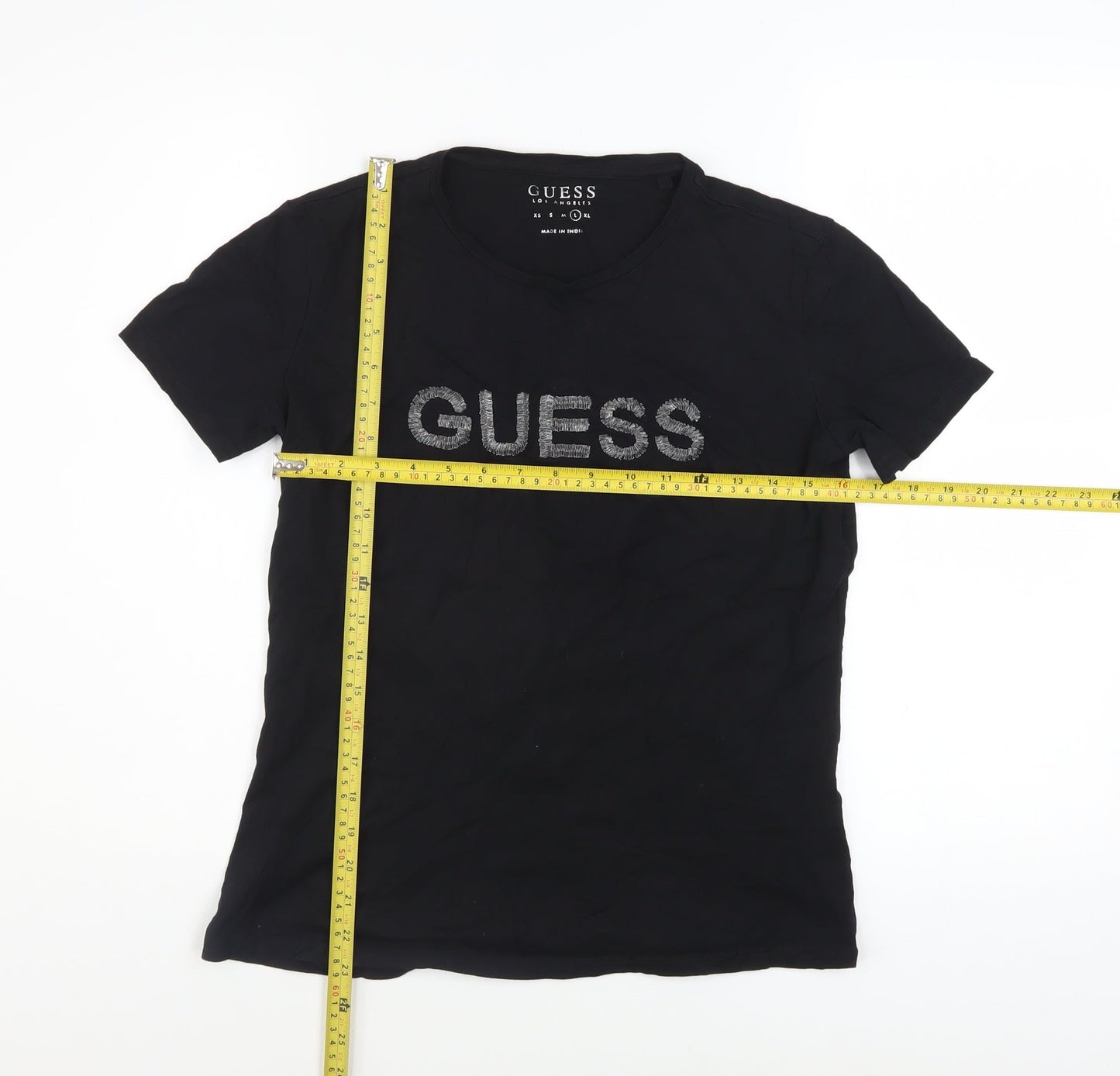 Guess Womens Black Beaded Logo Short Sleeve Cotton T-Shirt Size L