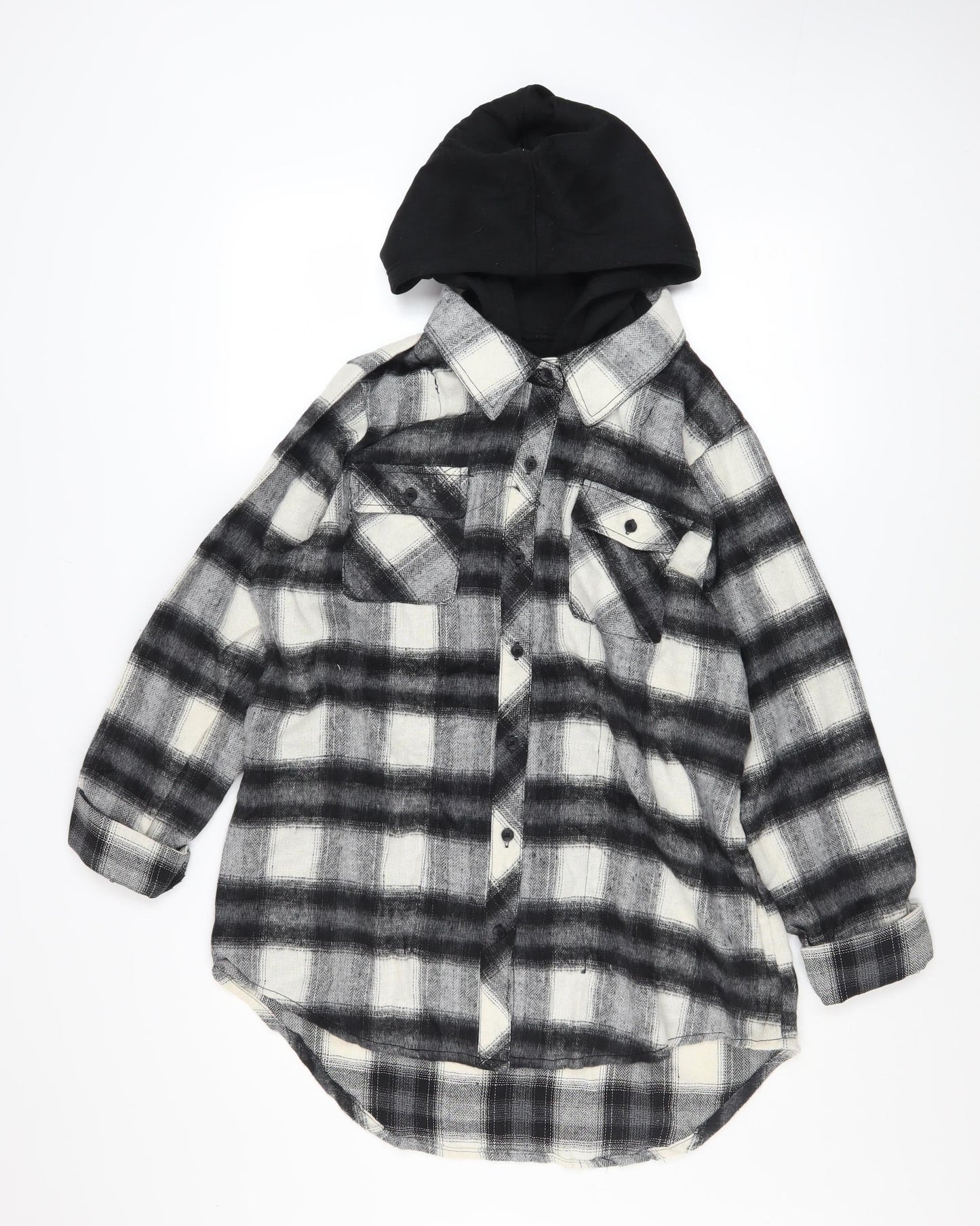 Ci Sono Women's Black & White Plaid Hooded Shacket XL Cotton Blend