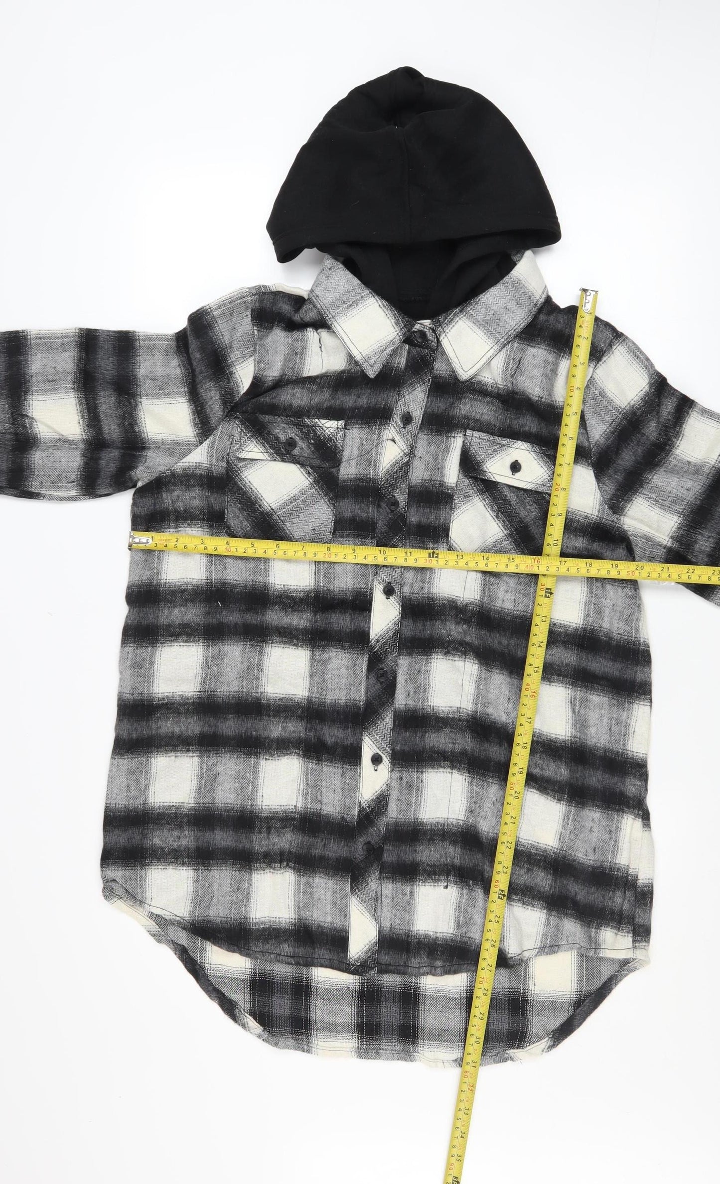 Ci Sono Women's Black & White Plaid Hooded Shacket XL Cotton Blend