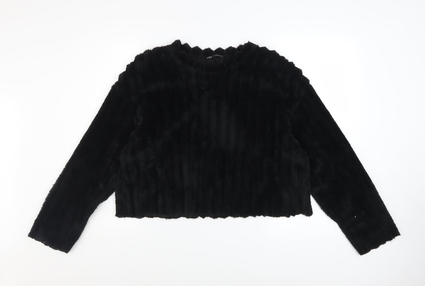 Zara Women Black Faux Fur Pullover Sweatshirt Size M
