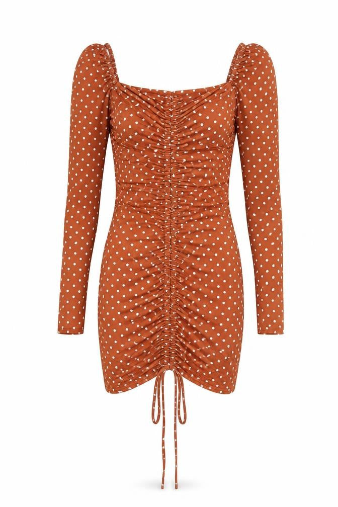 PrettyLittleThing Women Brown Polka Dot Bodycon Dress Size 6 Long Sleeve