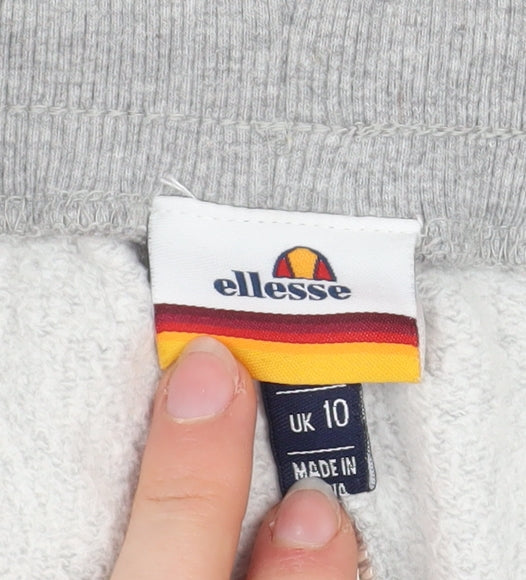 Brand and care label for Ellesse women’s grey jogger track pants, size UK 10, cotton blend