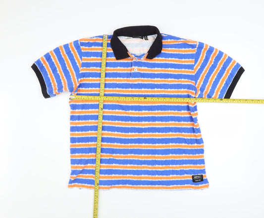 WESC Men's Blue Orange Striped Collared Polo Shirt XL Cotton