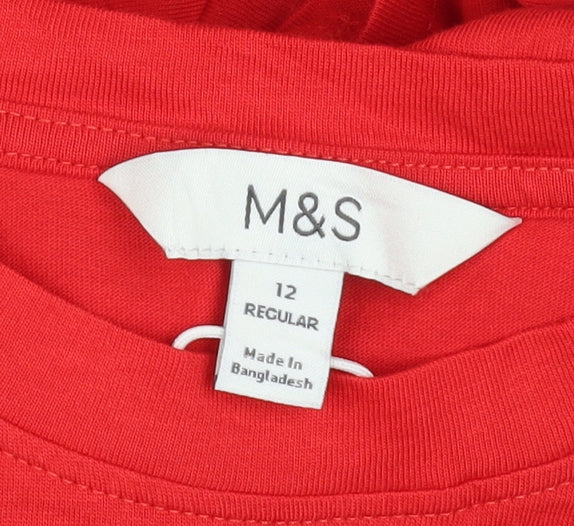 Marks and Spencer Women Red Size 12 Cotton A-Line Knee Length Dress