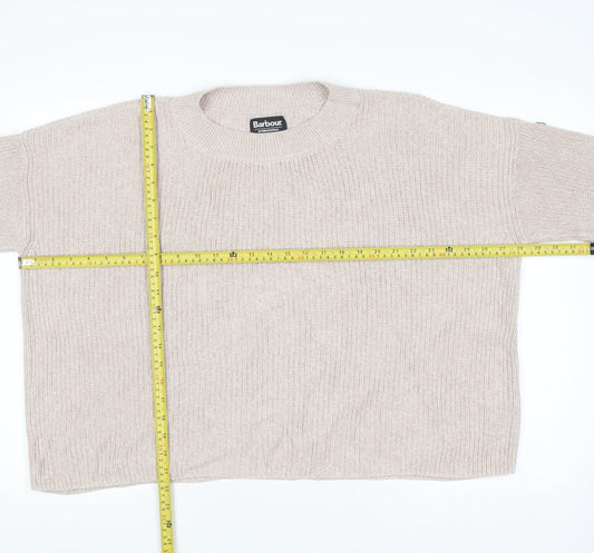 Barbour Women Beige Cotton Knit Jumper Size 14 Crew Neck Pullover