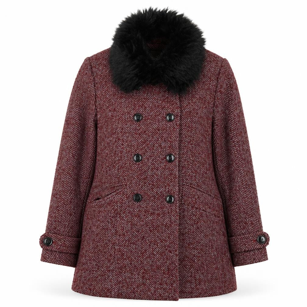 Cotton Traders Women Red Wool Mix Faux Fur Collar Pea Coat Size 12