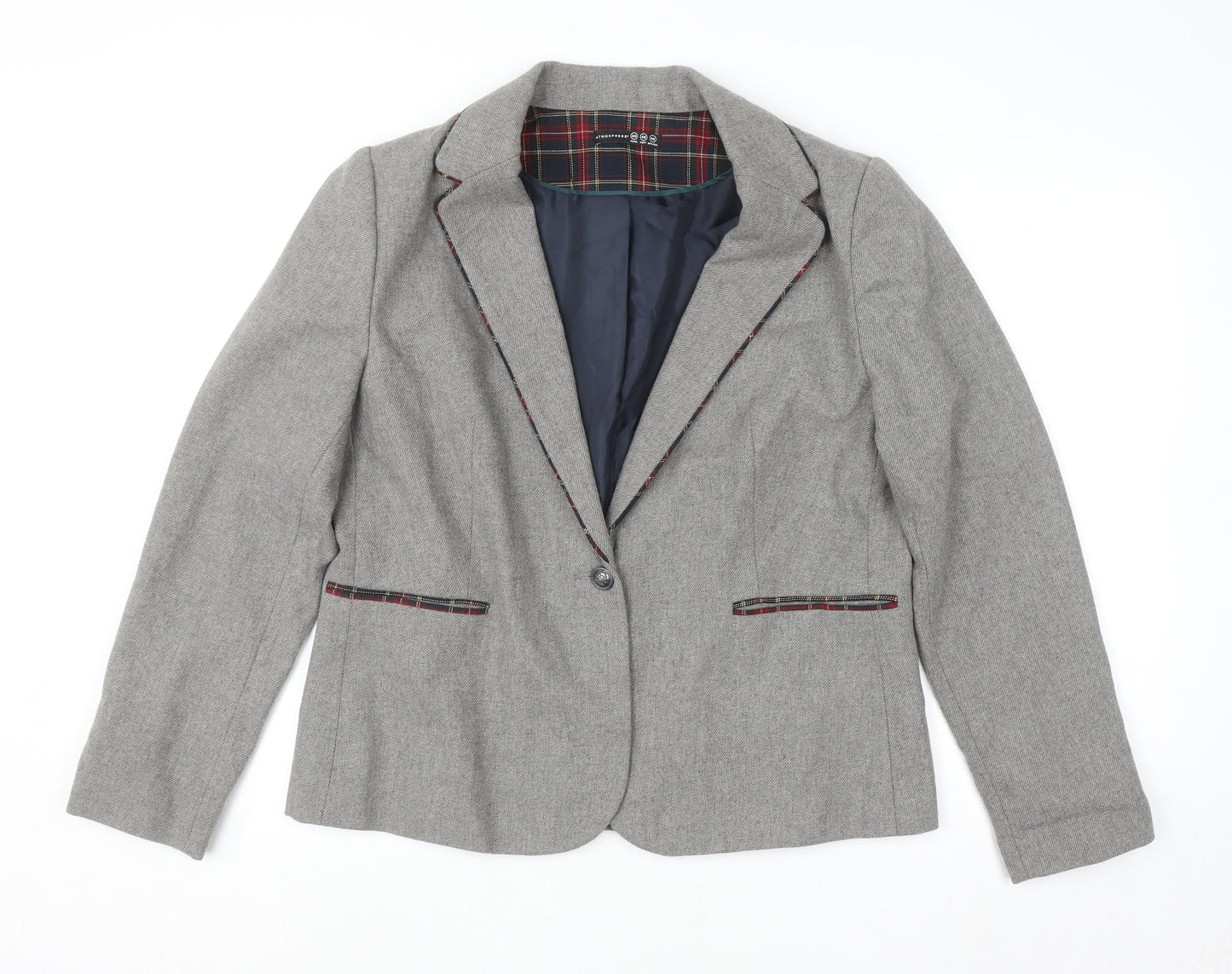 Atmosphere Womens Grey Blazer Jacket Size 20 Wool Blend Classic Tartan Trim