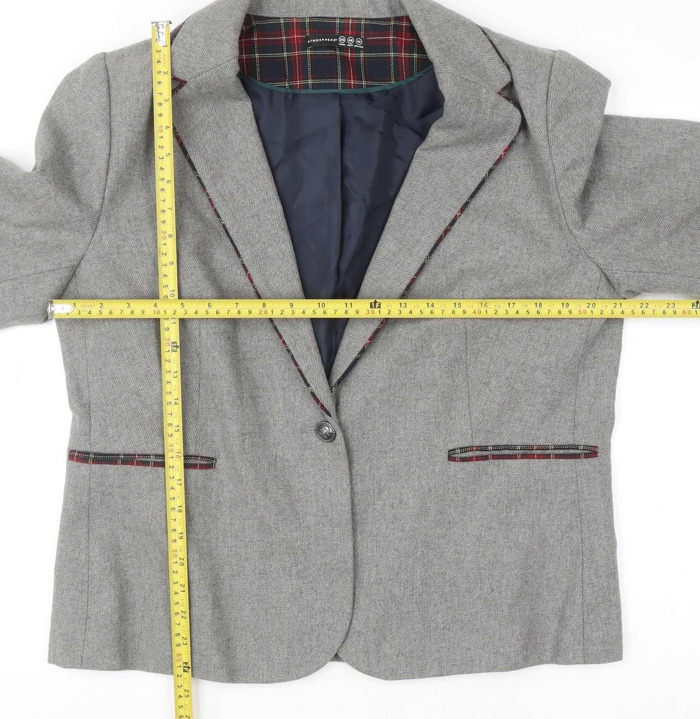 Atmosphere Womens Grey Blazer Jacket Size 20 Wool Blend Classic Tartan Trim