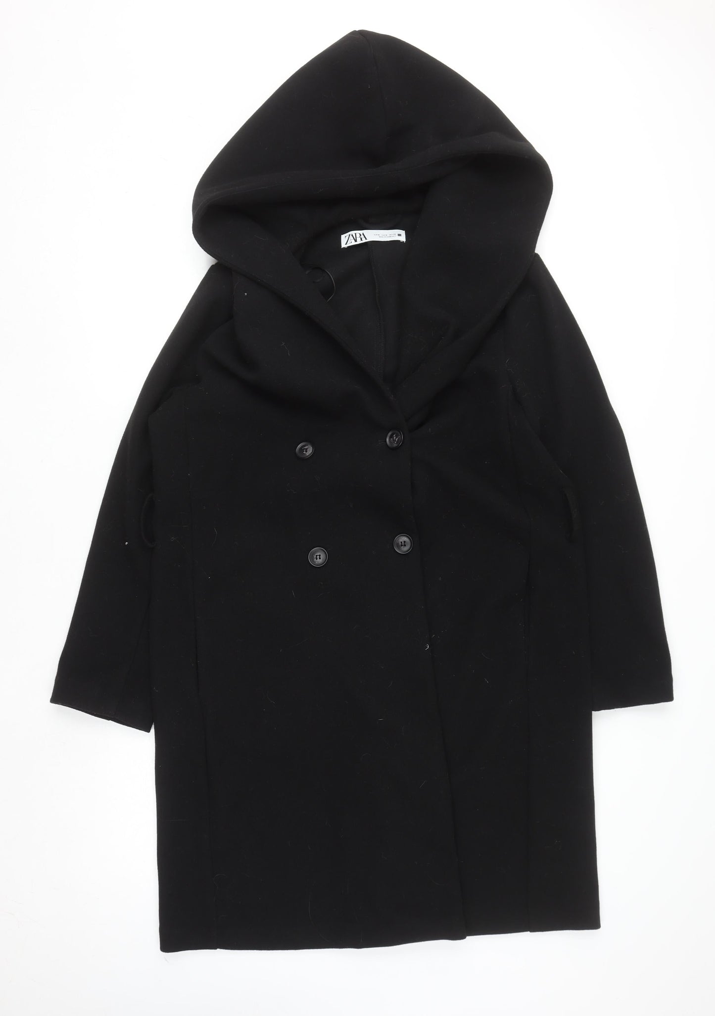 Zara Women Black Wool Blend Hooded Long Coat Size 12