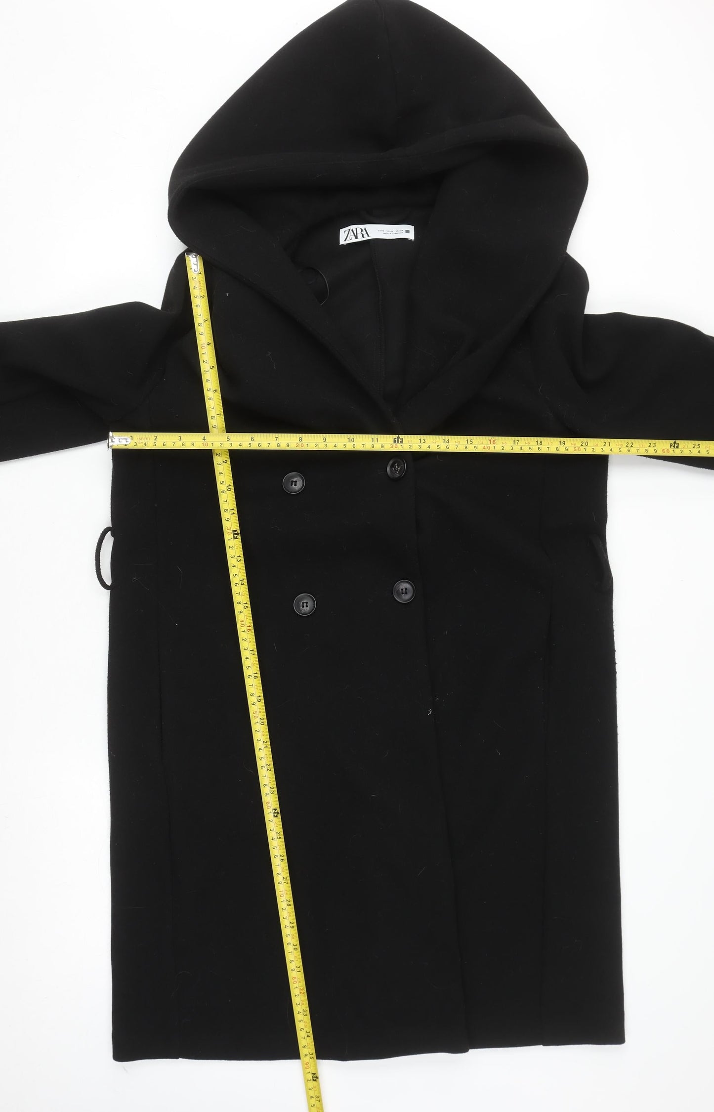 Zara Women Black Wool Blend Hooded Long Coat Size 12