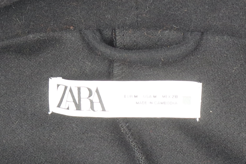 Zara Women Black Wool Blend Hooded Long Coat Size 12