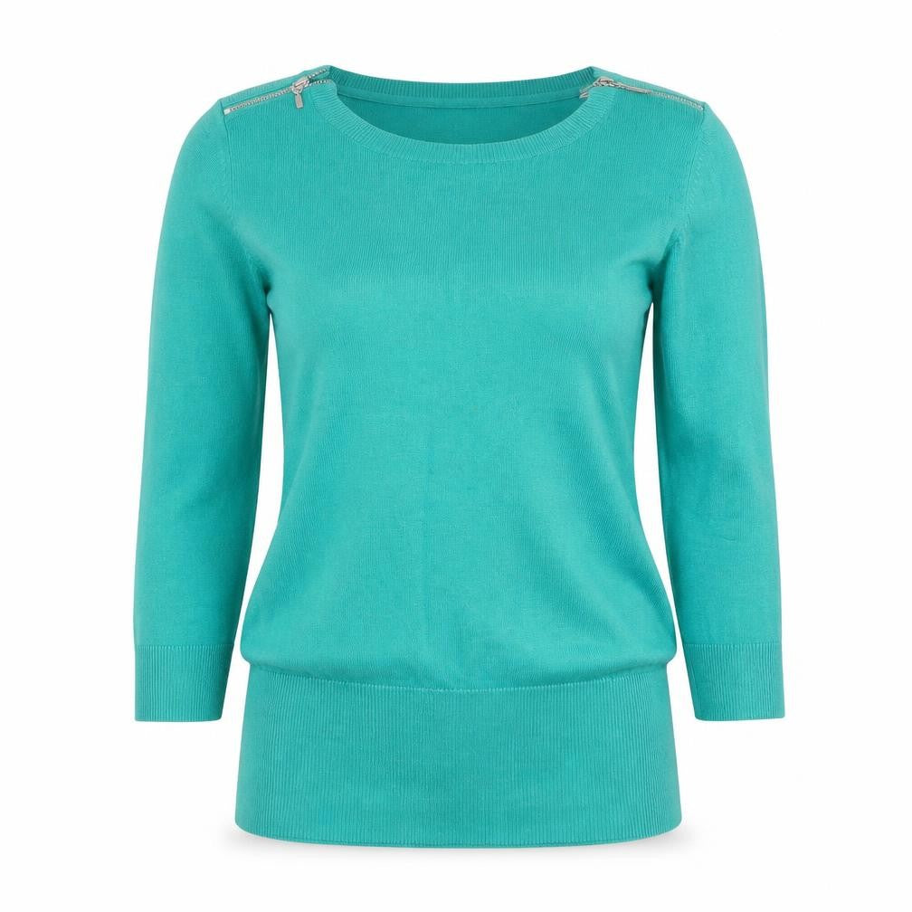 Front view of Red Herring Women’s Green 3/4 Sleeve Knit Top, size UK 10, Zip Shoulder