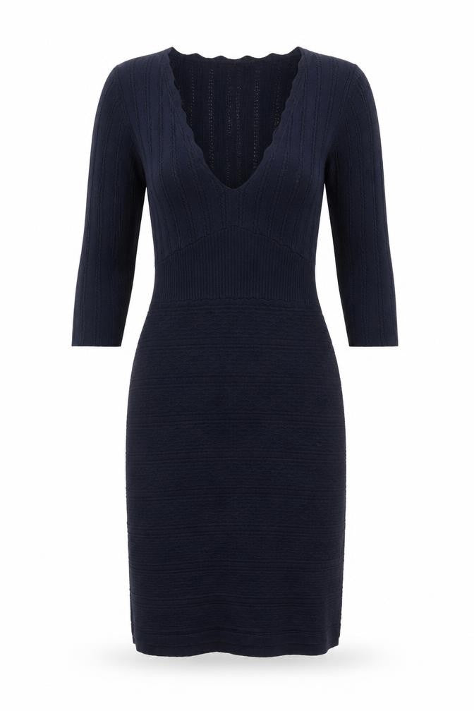 Monsoon Women Black Wool Knit Bodycon Dress Size S V-Neck 3/4 Sleeve