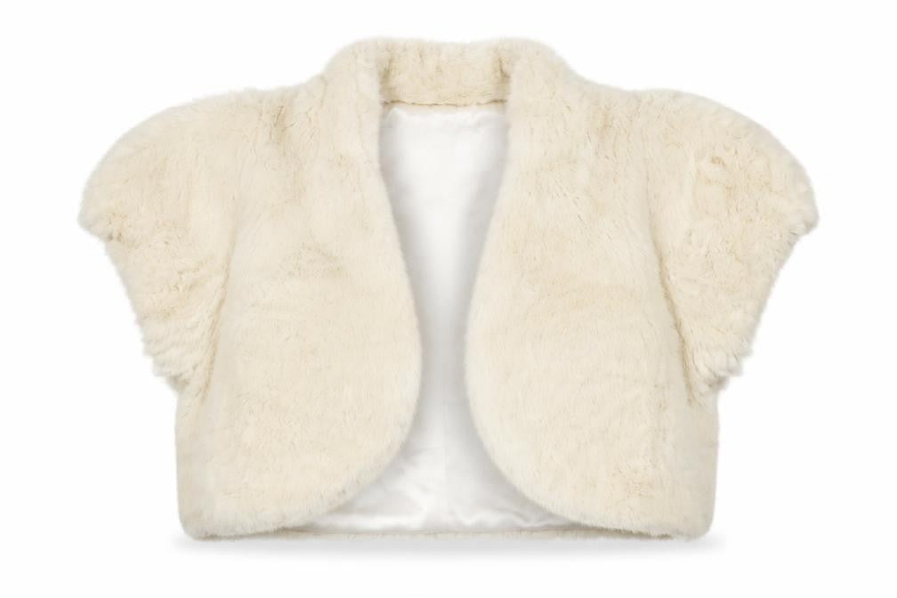 Front view of Monsoon girls’ ivory faux fur cropped bolero jacket 10-12 years partywear