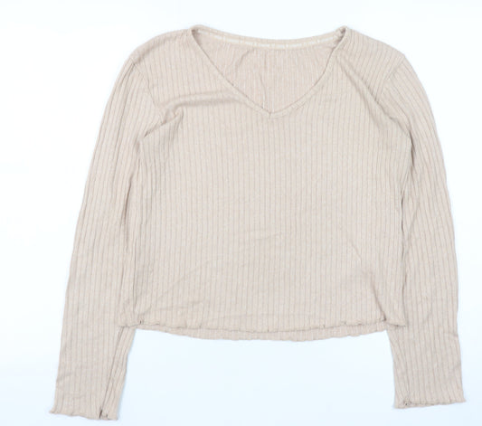 Primark Womens Beige Ribbed V-Neck Long Sleeve Pyjama Top 2XS