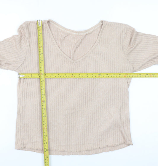 Primark Womens Beige Ribbed V-Neck Long Sleeve Pyjama Top 2XS